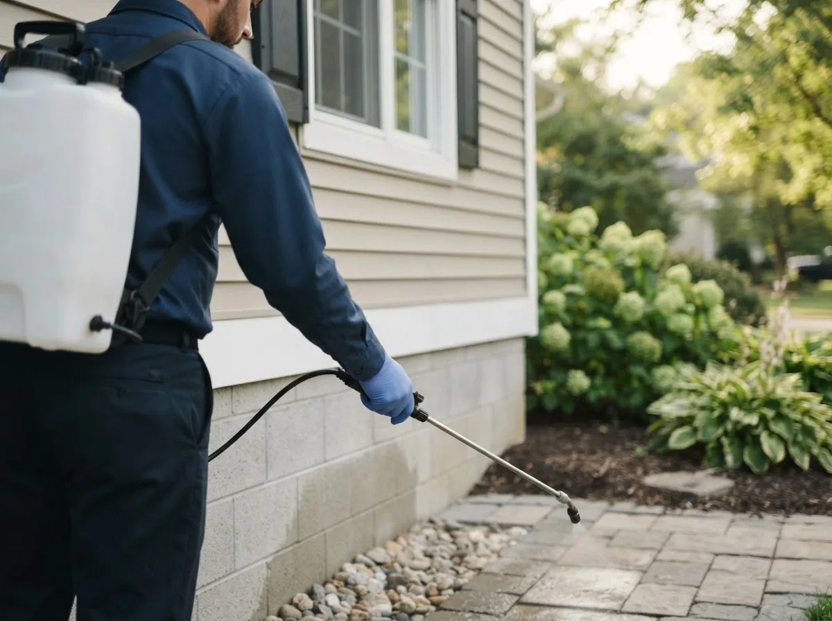 Pest control technician inspecting a home in Percy, IL